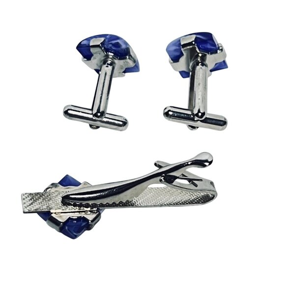 Vintage Cobalt Blue Cabochon Tie Bar & Cufflinks Set (6060) - Picture 4 of 4